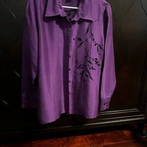Coldwater Creek Purple satin finish top with black embroidery